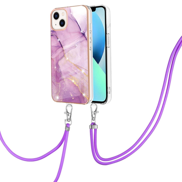 For iPhone 14 Plus Electroplating Marble Pattern IMD TPU Shockproof Case with Neck Lanyard