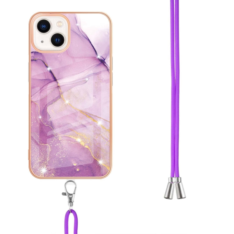 For iPhone 14 Plus Electroplating Marble Pattern IMD TPU Shockproof Case with Neck Lanyard