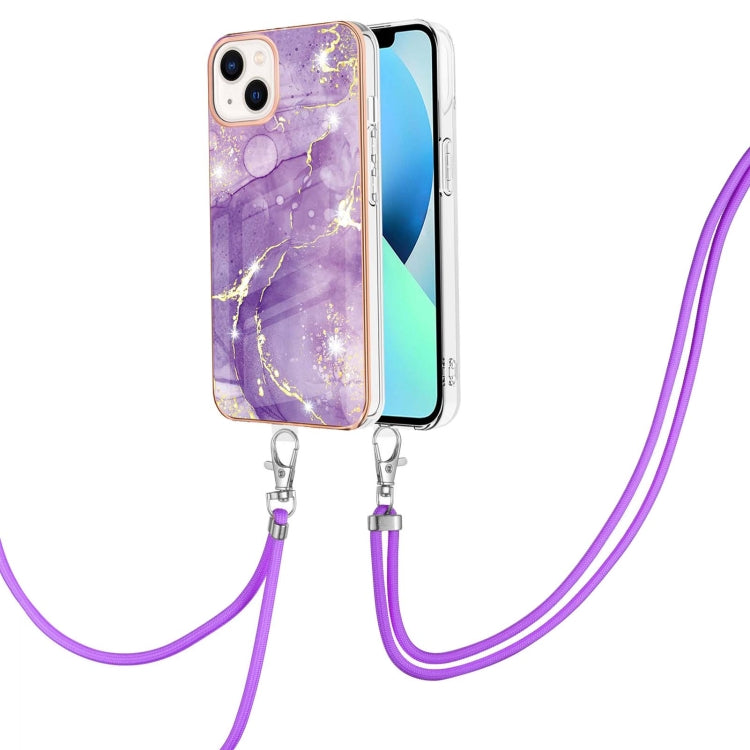 For iPhone 14 Plus Electroplating Marble Pattern IMD TPU Shockproof Case with Neck Lanyard