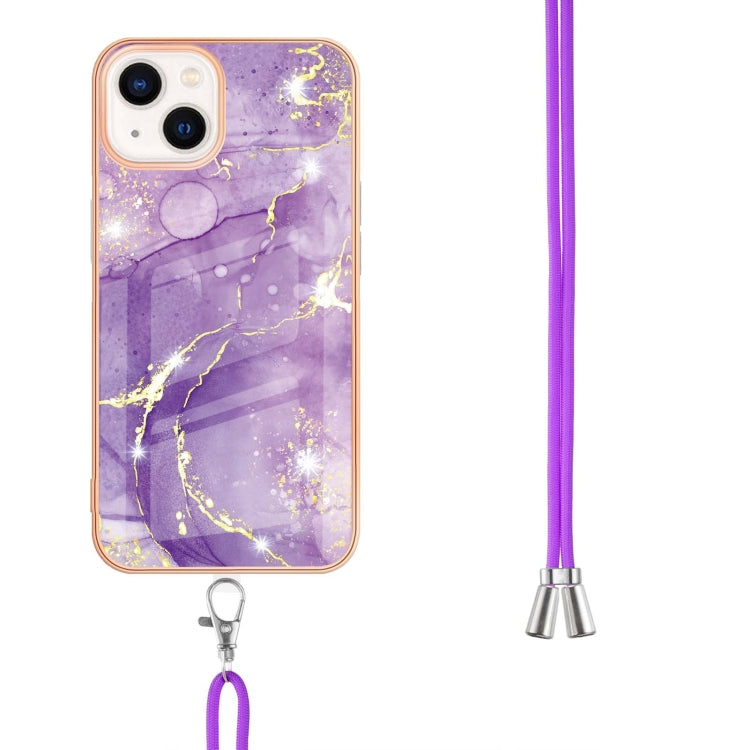 For iPhone 14 Plus Electroplating Marble Pattern IMD TPU Shockproof Case with Neck Lanyard
