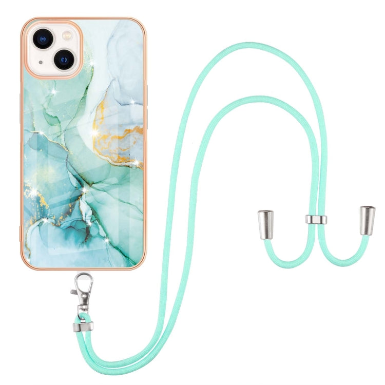 For iPhone 14 Plus Electroplating Marble Pattern IMD TPU Shockproof Case with Neck Lanyard