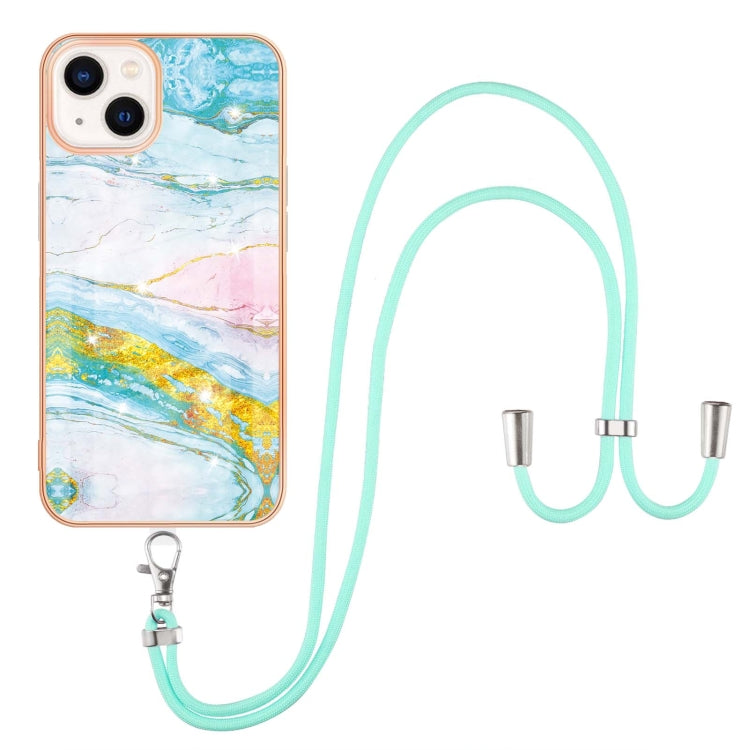 For iPhone 14 Plus Electroplating Marble Pattern IMD TPU Shockproof Case with Neck Lanyard
