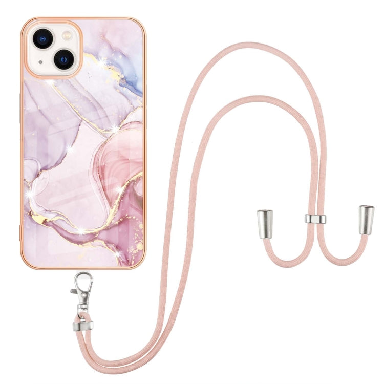 For iPhone 14 Plus Electroplating Marble Pattern IMD TPU Shockproof Case with Neck Lanyard