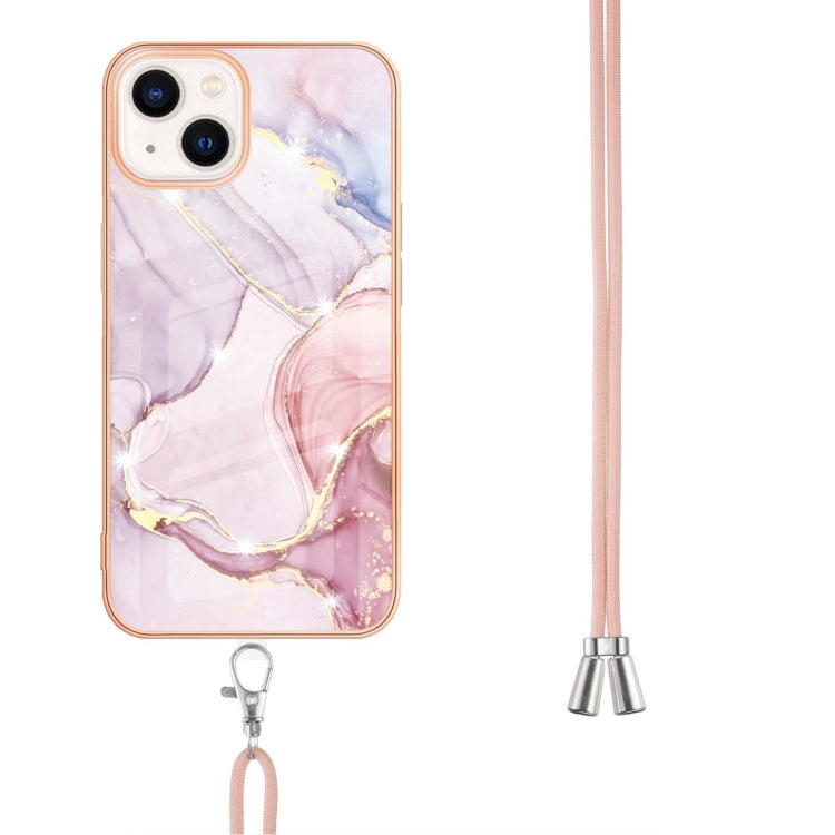 For iPhone 14 Plus Electroplating Marble Pattern IMD TPU Shockproof Case with Neck Lanyard