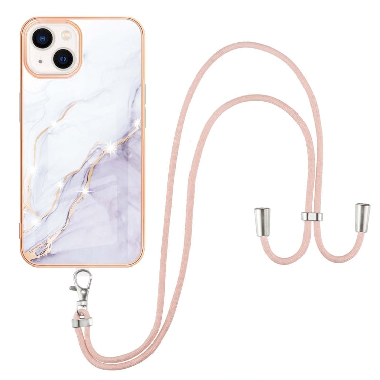 For iPhone 14 Plus Electroplating Marble Pattern IMD TPU Shockproof Case with Neck Lanyard