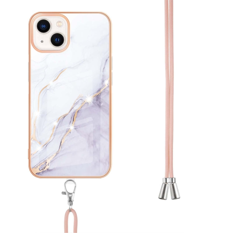 For iPhone 14 Plus Electroplating Marble Pattern IMD TPU Shockproof Case with Neck Lanyard