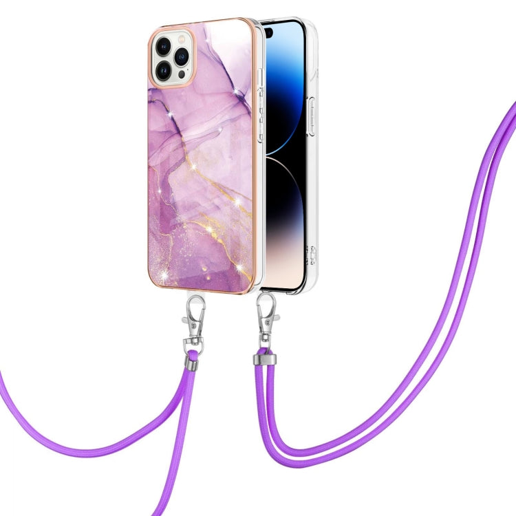 For iPhone 14 Pro Electroplating Marble Pattern IMD TPU Shockproof Case with Neck Lanyard