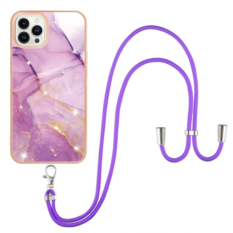 For iPhone 14 Pro Electroplating Marble Pattern IMD TPU Shockproof Case with Neck Lanyard