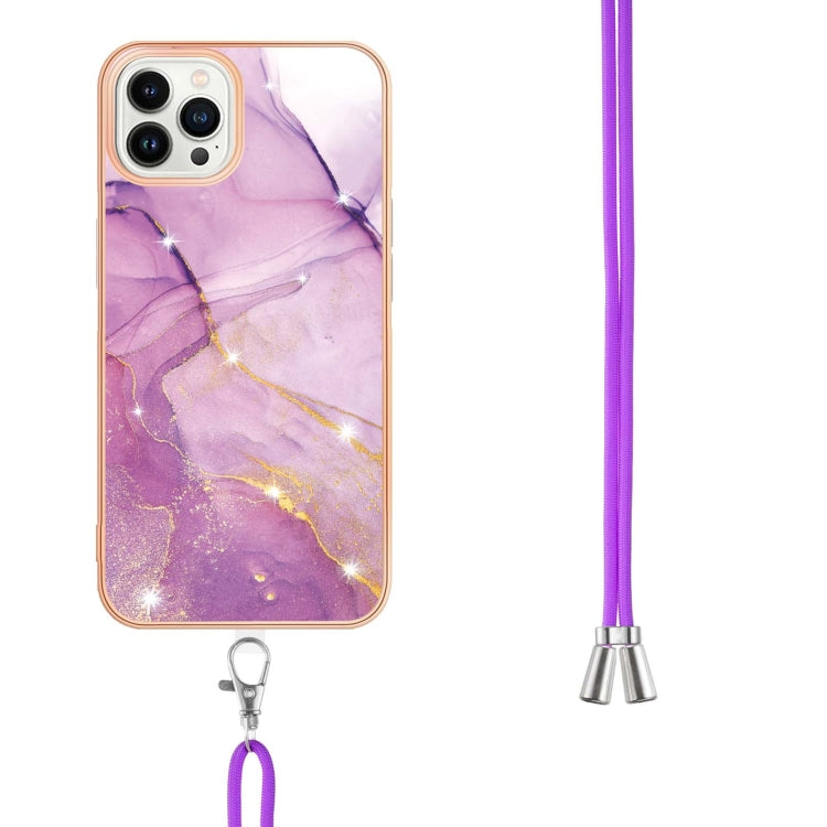 For iPhone 14 Pro Electroplating Marble Pattern IMD TPU Shockproof Case with Neck Lanyard
