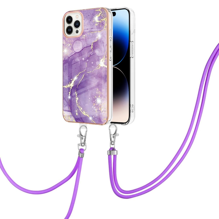 For iPhone 14 Pro Electroplating Marble Pattern IMD TPU Shockproof Case with Neck Lanyard