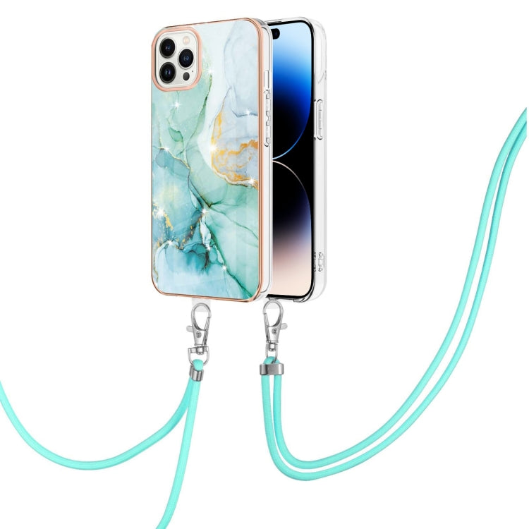 For iPhone 14 Pro Electroplating Marble Pattern IMD TPU Shockproof Case with Neck Lanyard