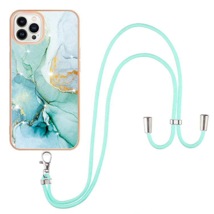 For iPhone 14 Pro Electroplating Marble Pattern IMD TPU Shockproof Case with Neck Lanyard