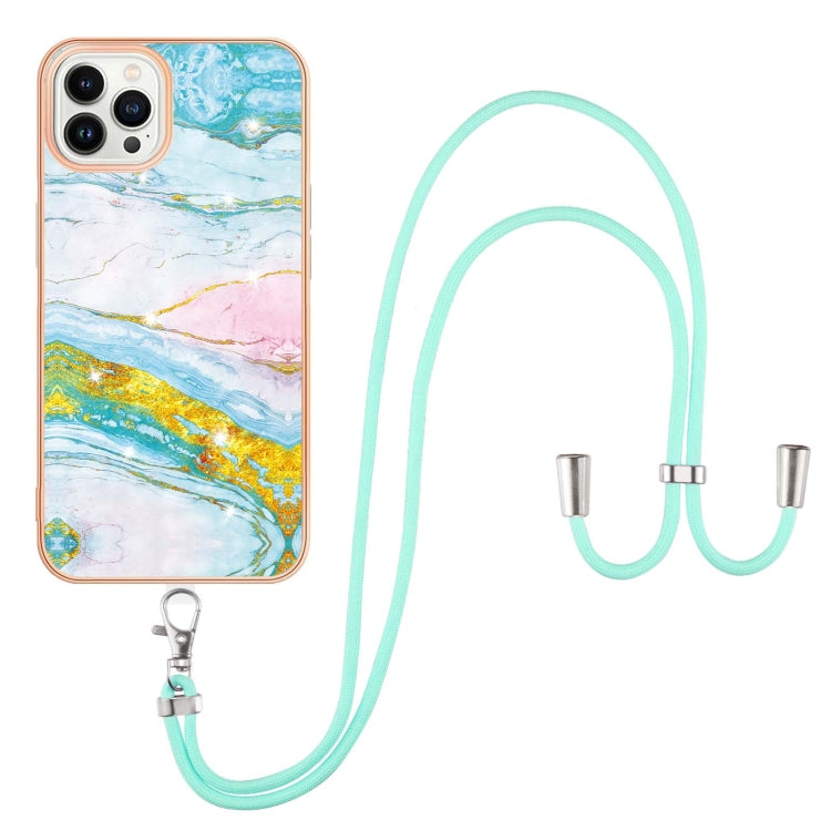 For iPhone 14 Pro Electroplating Marble Pattern IMD TPU Shockproof Case with Neck Lanyard