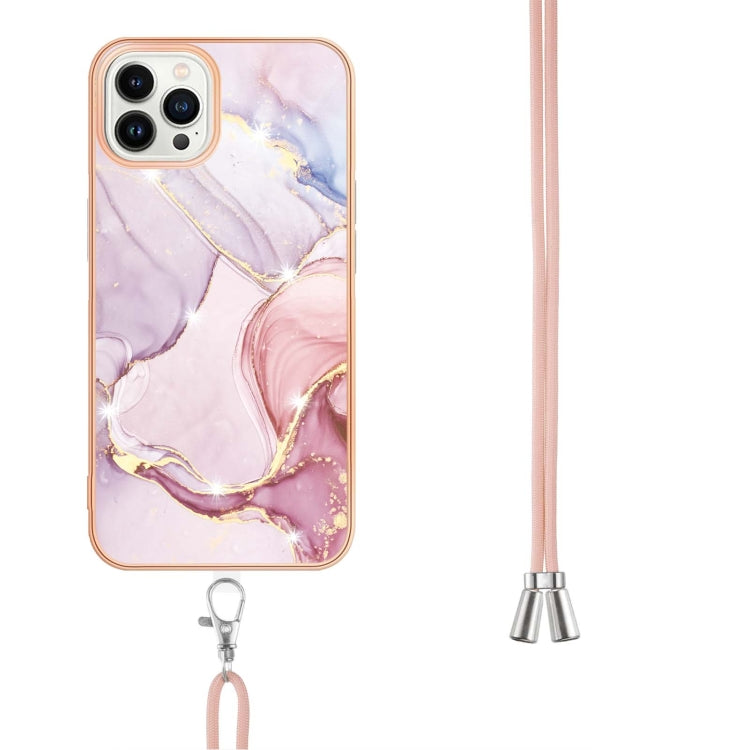 For iPhone 14 Pro Electroplating Marble Pattern IMD TPU Shockproof Case with Neck Lanyard