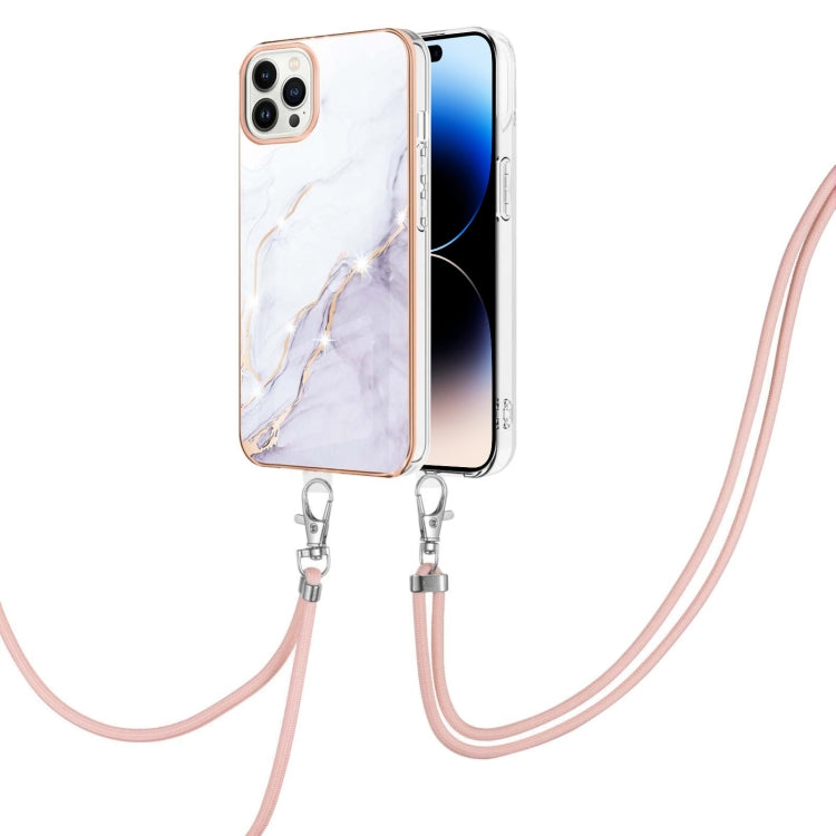 For iPhone 14 Pro Electroplating Marble Pattern IMD TPU Shockproof Case with Neck Lanyard