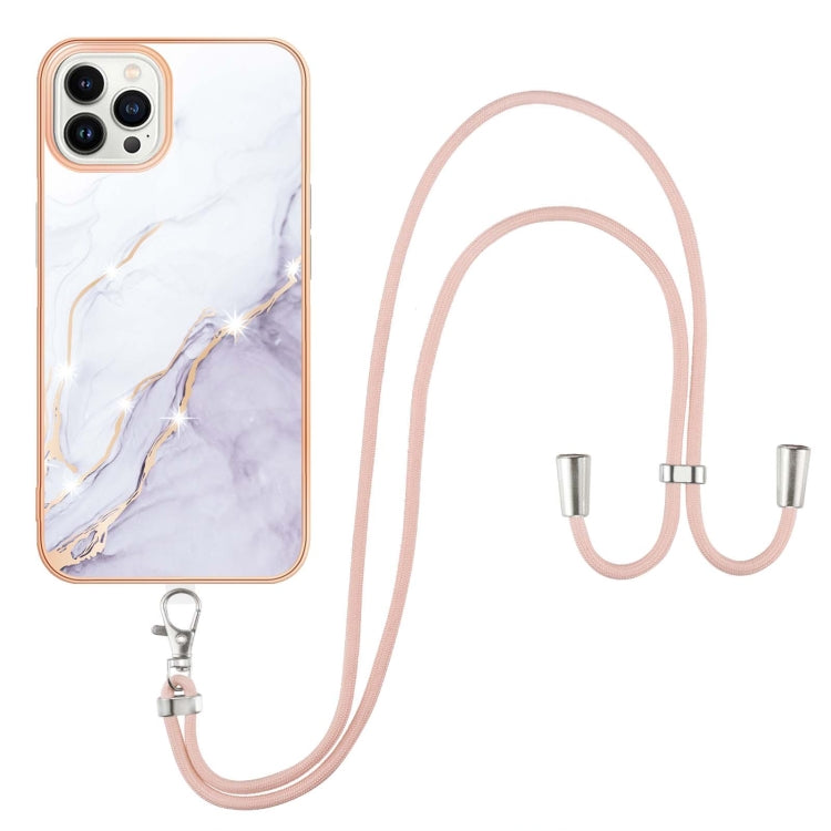 For iPhone 14 Pro Electroplating Marble Pattern IMD TPU Shockproof Case with Neck Lanyard
