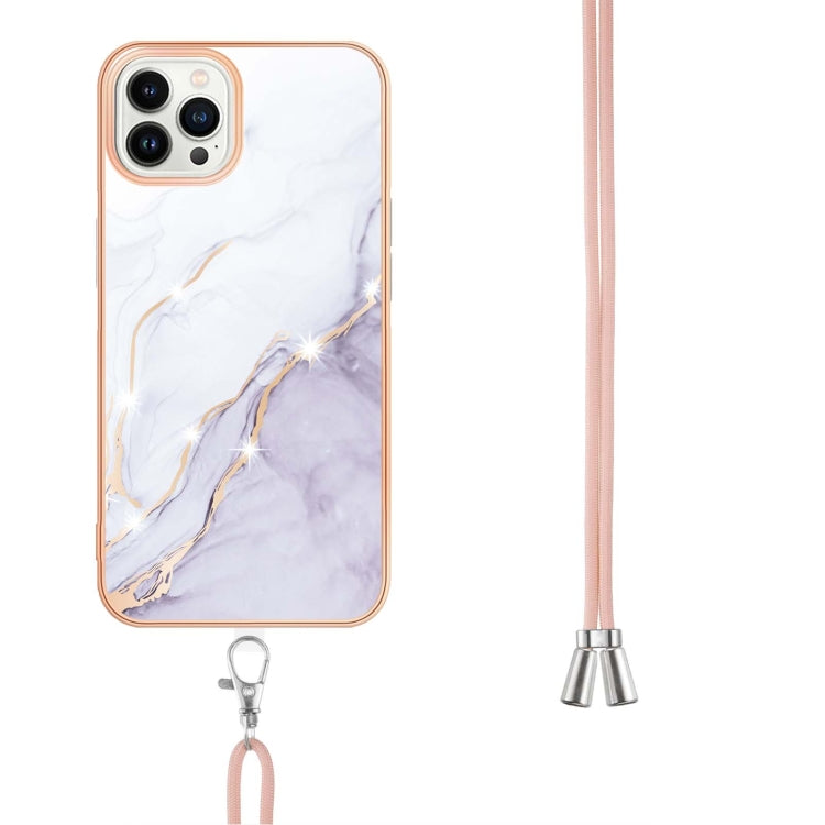 For iPhone 14 Pro Electroplating Marble Pattern IMD TPU Shockproof Case with Neck Lanyard