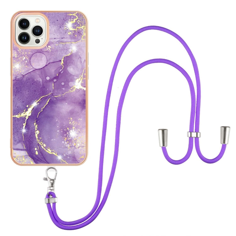 For iPhone 14 Pro Max Electroplating Marble Pattern IMD TPU Shockproof Case with Neck Lanyard