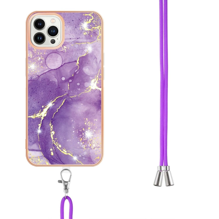 For iPhone 14 Pro Max Electroplating Marble Pattern IMD TPU Shockproof Case with Neck Lanyard