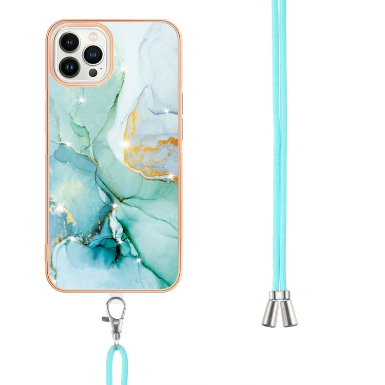 For iPhone 14 Pro Max Electroplating Marble Pattern IMD TPU Shockproof Case with Neck Lanyard