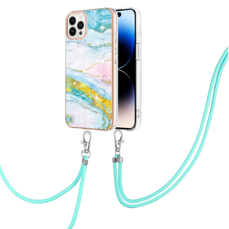For iPhone 14 Pro Max Electroplating Marble Pattern IMD TPU Shockproof Case with Neck Lanyard