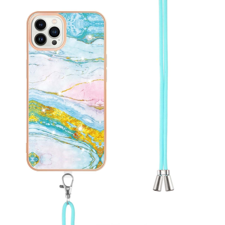 For iPhone 14 Pro Max Electroplating Marble Pattern IMD TPU Shockproof Case with Neck Lanyard