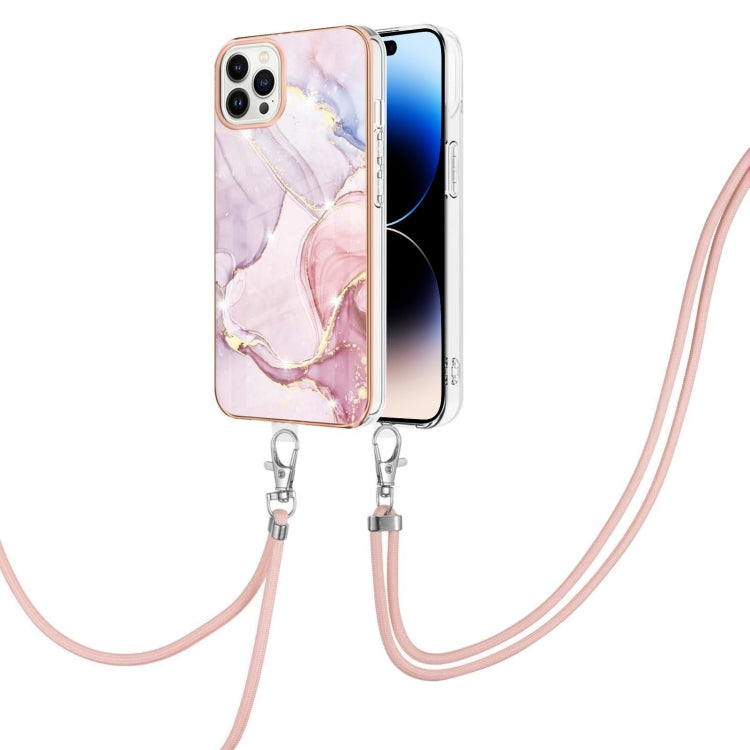 For iPhone 14 Pro Max Electroplating Marble Pattern IMD TPU Shockproof Case with Neck Lanyard