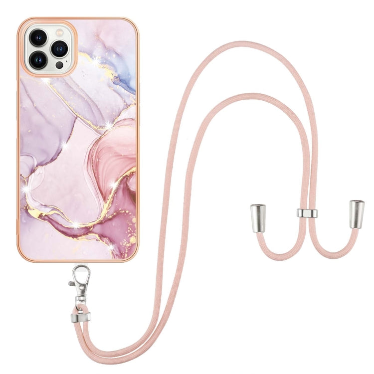 For iPhone 14 Pro Max Electroplating Marble Pattern IMD TPU Shockproof Case with Neck Lanyard