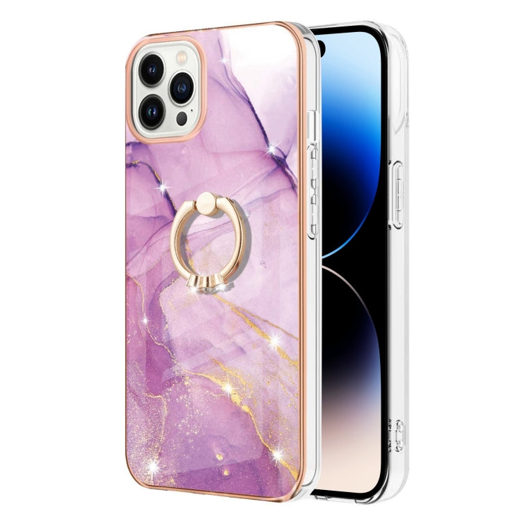 For iPhone 14 Pro Electroplating Marble Pattern IMD TPU Shockproof Case with Ring Holder