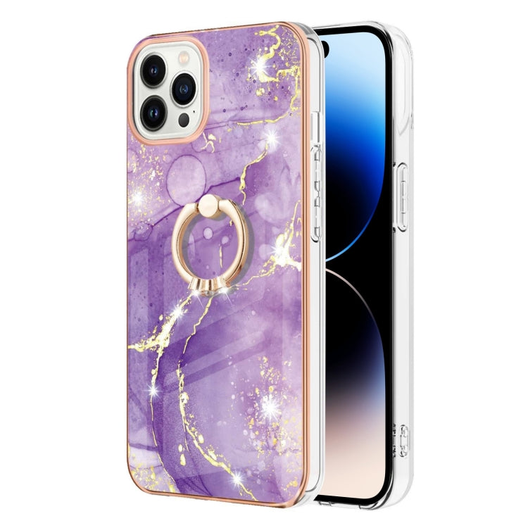 For iPhone 14 Pro Electroplating Marble Pattern IMD TPU Shockproof Case with Ring Holder
