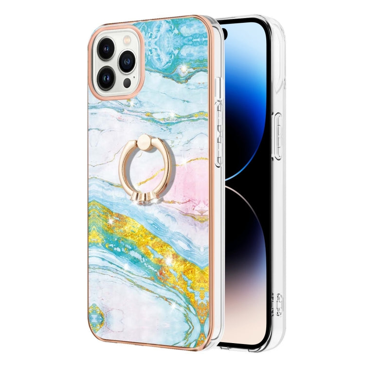 For iPhone 14 Pro Electroplating Marble Pattern IMD TPU Shockproof Case with Ring Holder