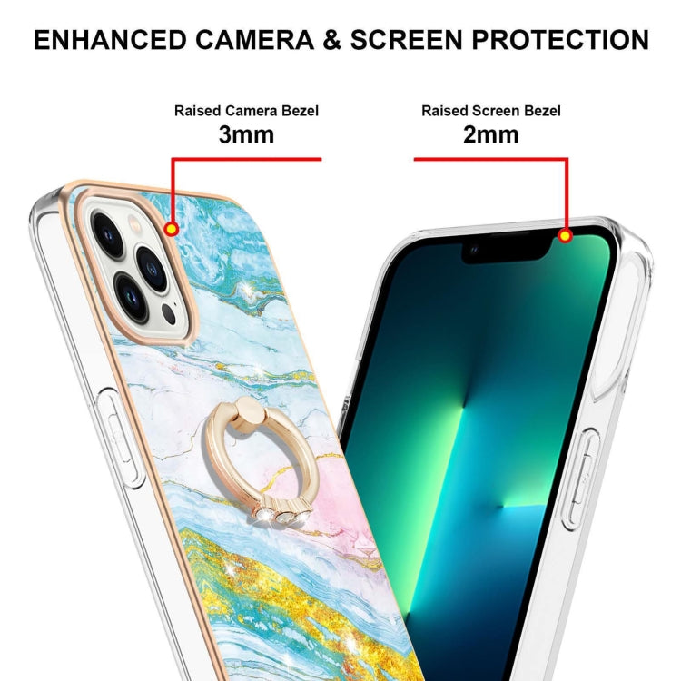 For iPhone 14 Pro Electroplating Marble Pattern IMD TPU Shockproof Case with Ring Holder
