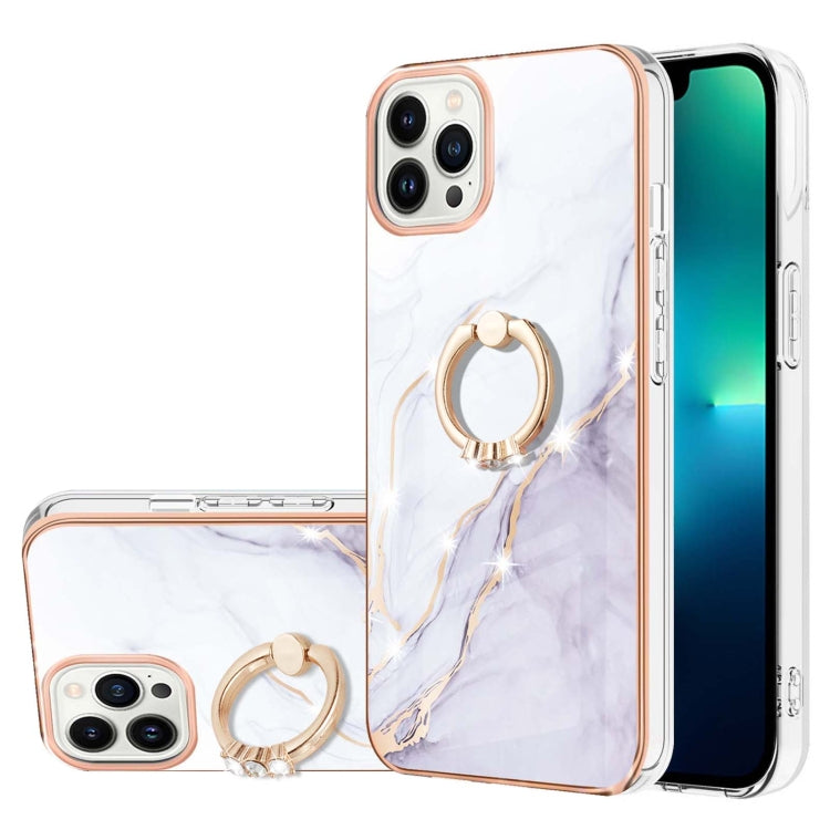 For iPhone 14 Pro Electroplating Marble Pattern IMD TPU Shockproof Case with Ring Holder