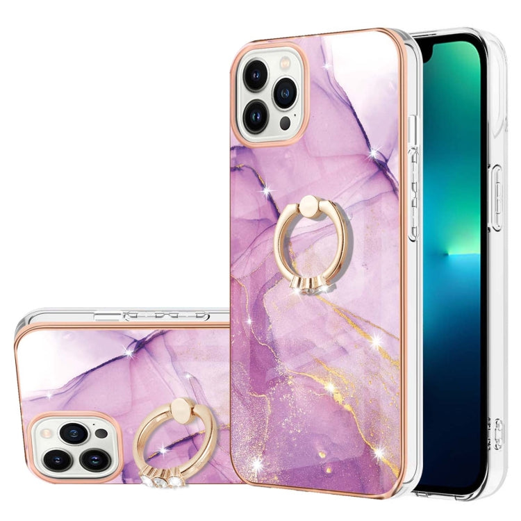 For iPhone 14 Pro Max Electroplating Marble Pattern IMD TPU Shockproof Case with Ring Holder