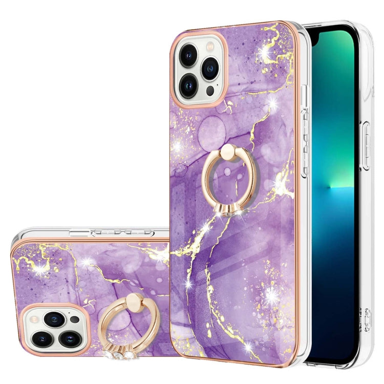 For iPhone 14 Pro Max Electroplating Marble Pattern IMD TPU Shockproof Case with Ring Holder
