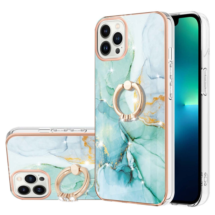 For iPhone 14 Pro Max Electroplating Marble Pattern IMD TPU Shockproof Case with Ring Holder