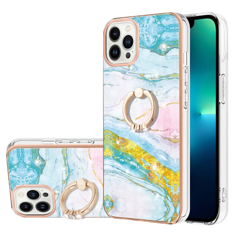 For iPhone 14 Pro Max Electroplating Marble Pattern IMD TPU Shockproof Case with Ring Holder
