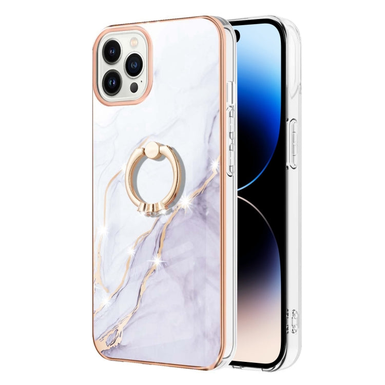For iPhone 14 Pro Max Electroplating Marble Pattern IMD TPU Shockproof Case with Ring Holder