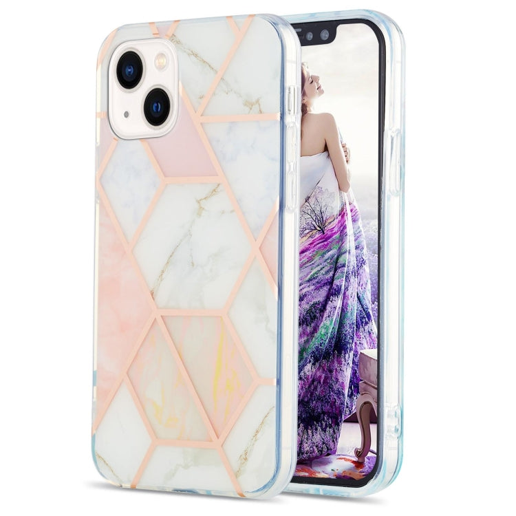 For iPhone 14 Electroplating Splicing Marble Flower Pattern Dual-side IMD TPU Shockproof Phone Case