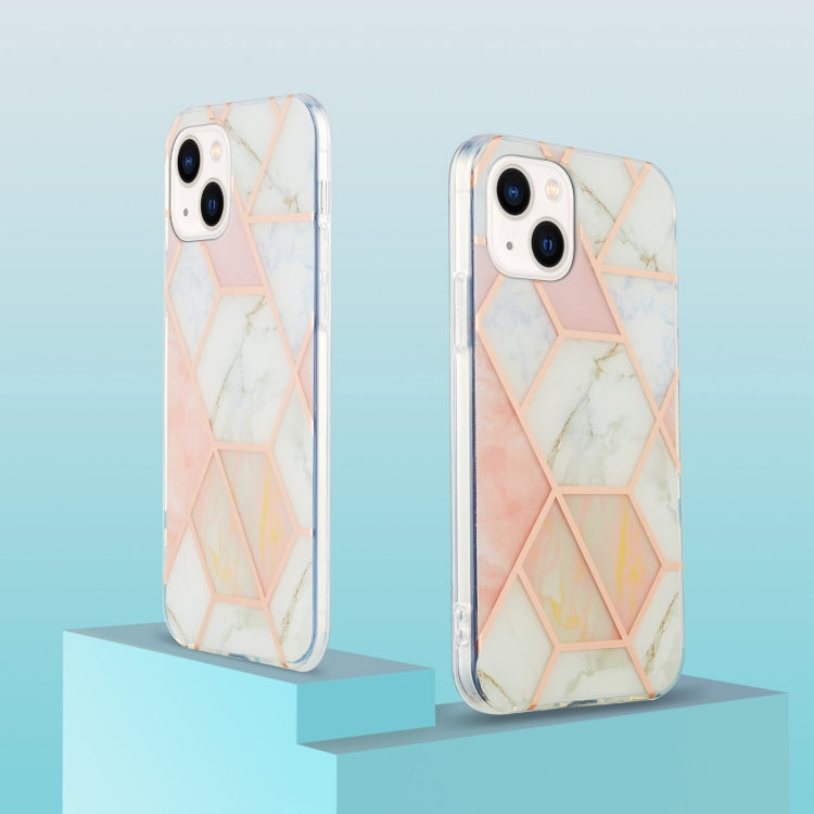 For iPhone 14 Electroplating Splicing Marble Flower Pattern Dual-side IMD TPU Shockproof Phone Case