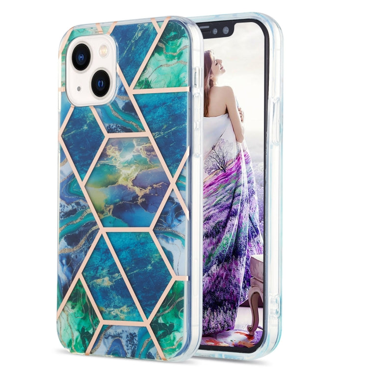 For iPhone 14 Electroplating Splicing Marble Flower Pattern Dual-side IMD TPU Shockproof Phone Case