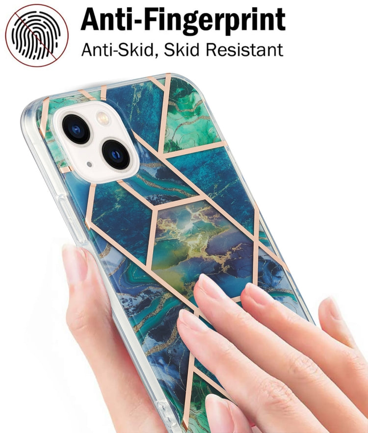 For iPhone 14 Electroplating Splicing Marble Flower Pattern Dual-side IMD TPU Shockproof Phone Case