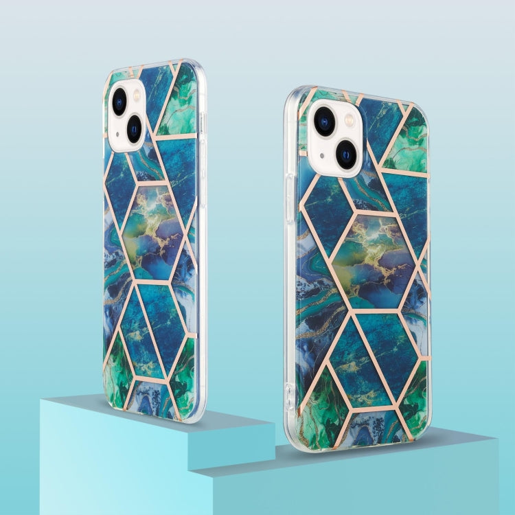 For iPhone 14 Electroplating Splicing Marble Flower Pattern Dual-side IMD TPU Shockproof Phone Case