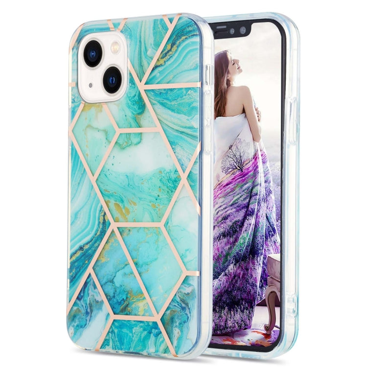 For iPhone 14 Electroplating Splicing Marble Flower Pattern Dual-side IMD TPU Shockproof Phone Case