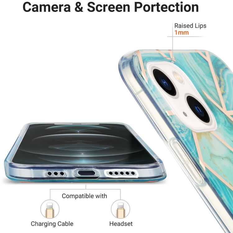 For iPhone 14 Electroplating Splicing Marble Flower Pattern Dual-side IMD TPU Shockproof Phone Case