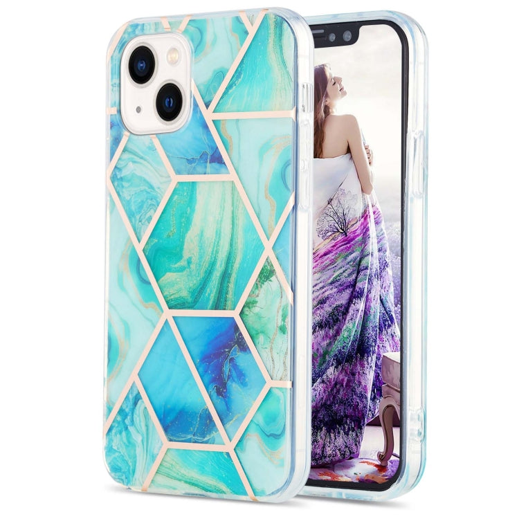 For iPhone 14 Electroplating Splicing Marble Flower Pattern Dual-side IMD TPU Shockproof Phone Case