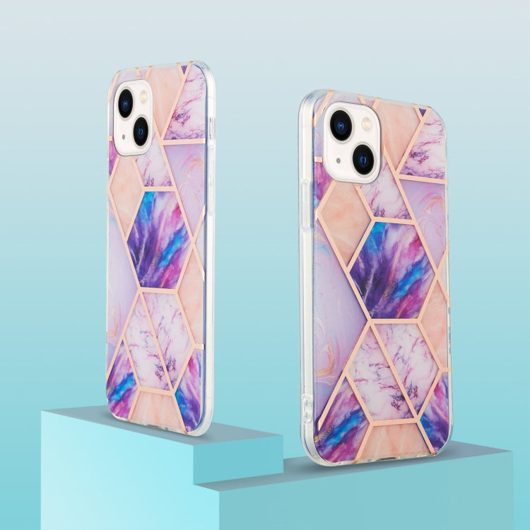 For iPhone 14 Electroplating Splicing Marble Flower Pattern Dual-side IMD TPU Shockproof Phone Case