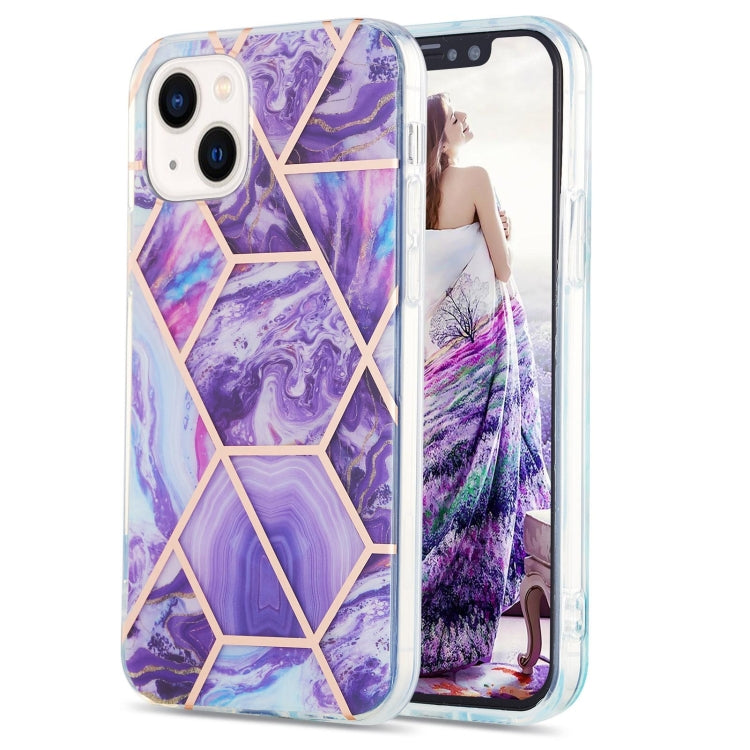 For iPhone 14 Electroplating Splicing Marble Flower Pattern Dual-side IMD TPU Shockproof Phone Case