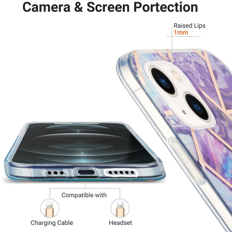 For iPhone 14 Electroplating Splicing Marble Flower Pattern Dual-side IMD TPU Shockproof Phone Case