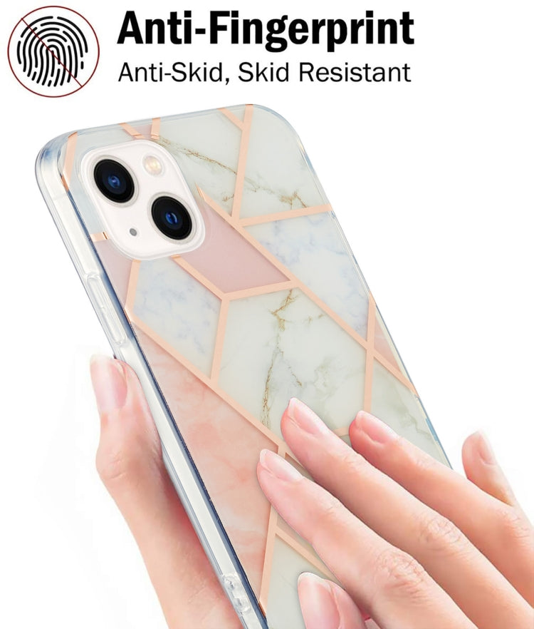 For iPhone 14 Plus Electroplating Splicing Marble Flower Pattern Dual-side IMD TPU Shockproof Phone Case